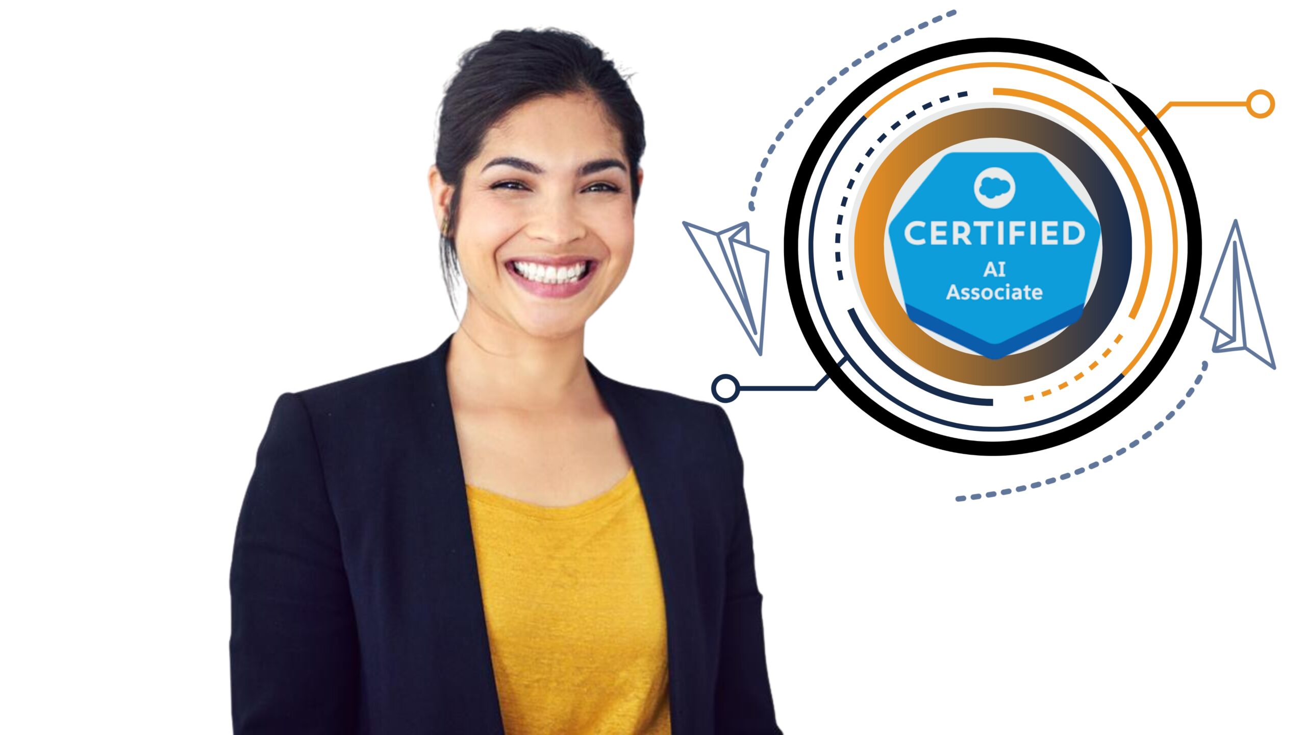 Salesforce AI Associate exam domains key services and certification benefits infographic