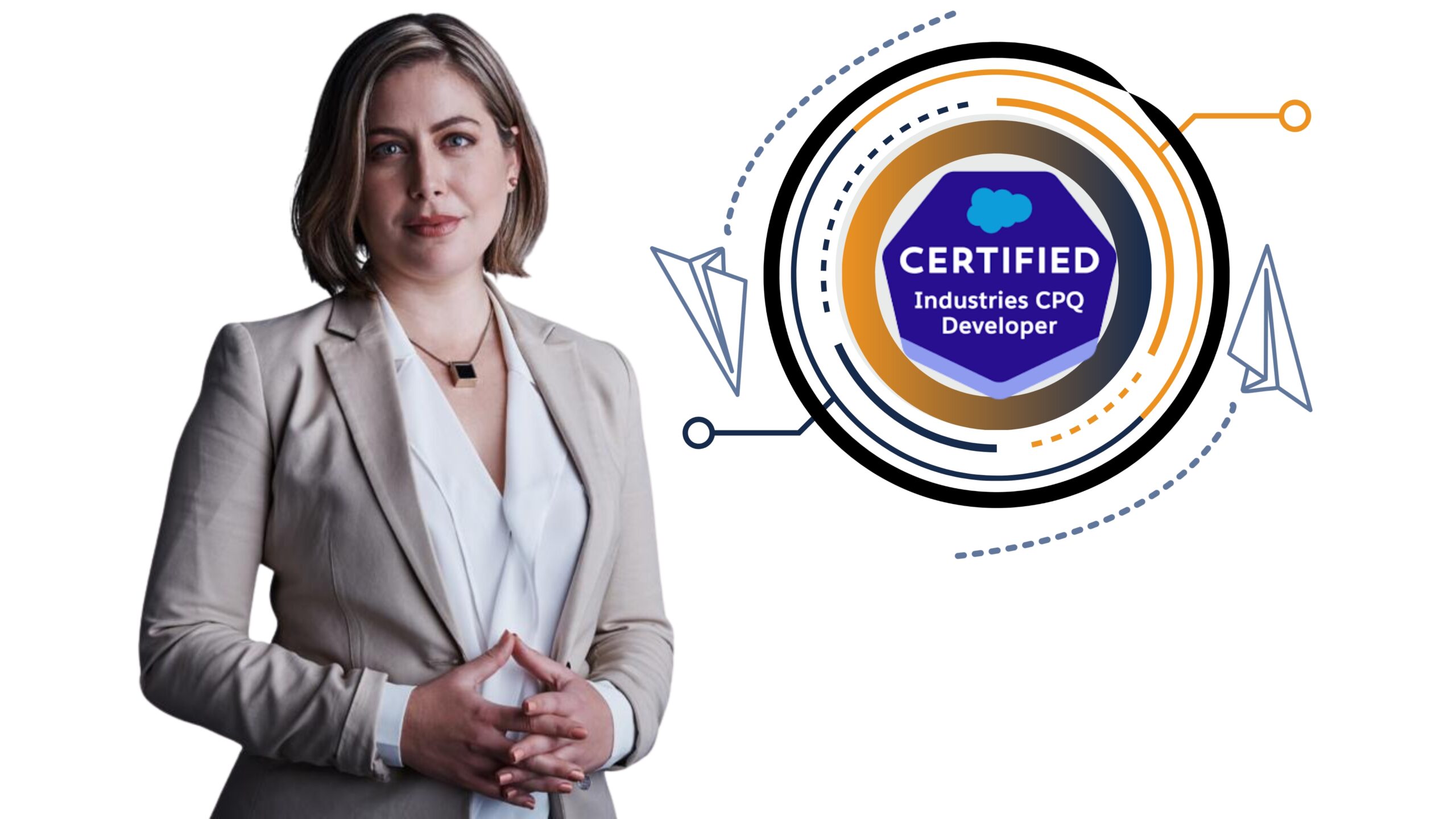 Salesforce Industries CPQ Developer exam domains key services and certification benefits infographic