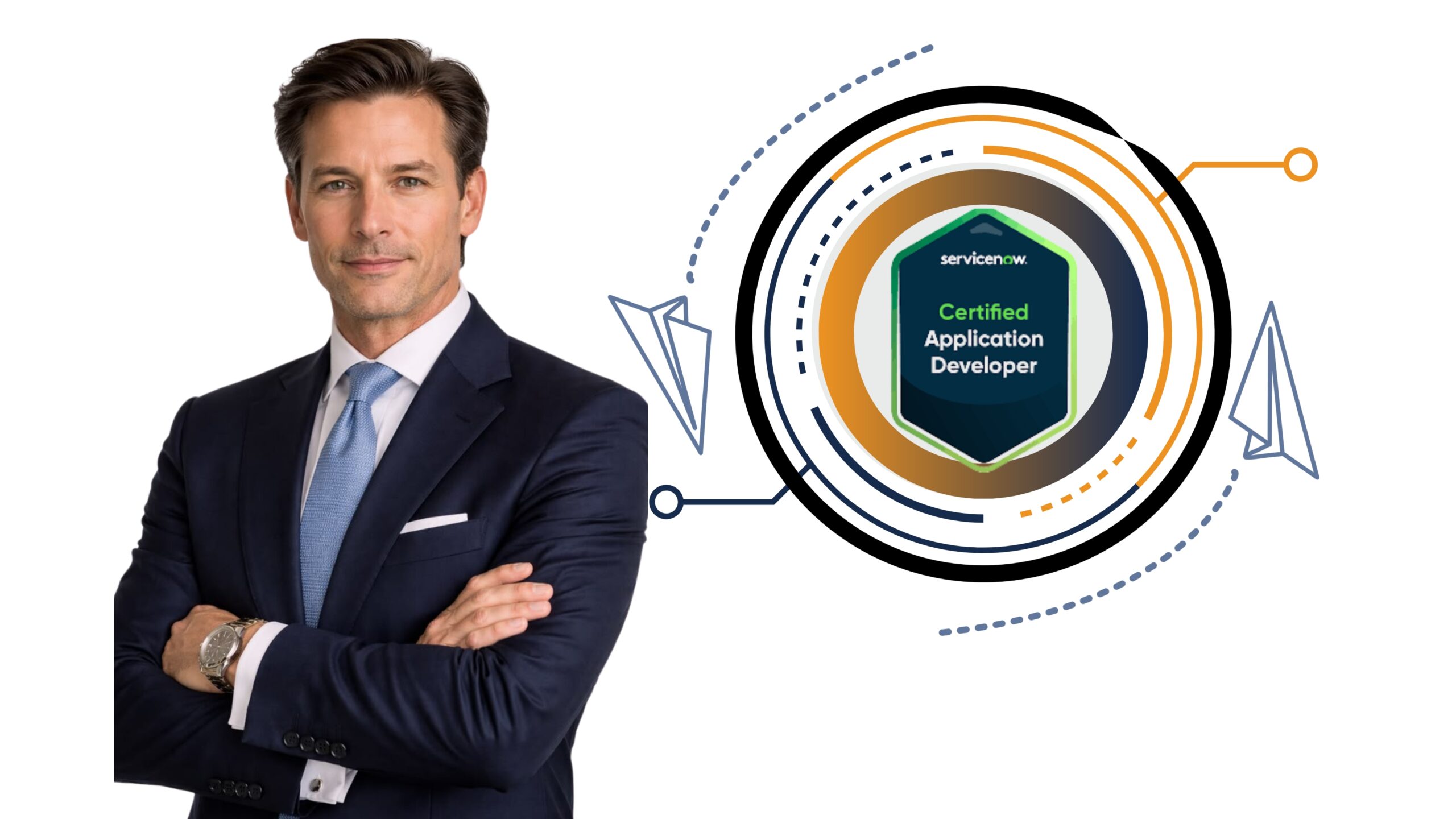 IT professionals presenting ServiceNow Certified Application Developer CAD course with official certification logo