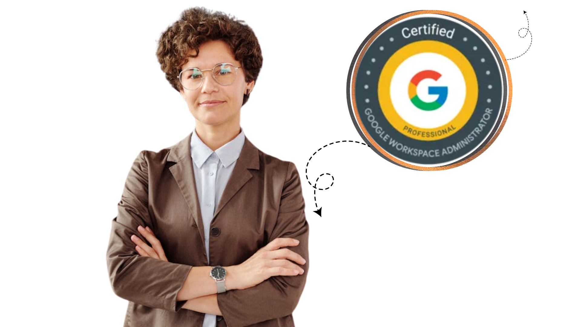 Google Workspace Associate Administrator infographic showing exam domains, services, and certification benefits