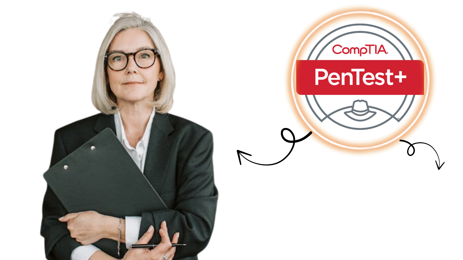 IT professionals presenting CompTIA PenTest PTO-002 course with certification logo for cybersecurity training