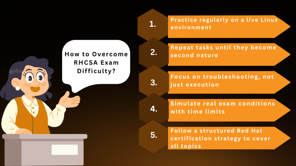 How to overcome RHCSA exam difficulty with practical Linux admin tips infographic